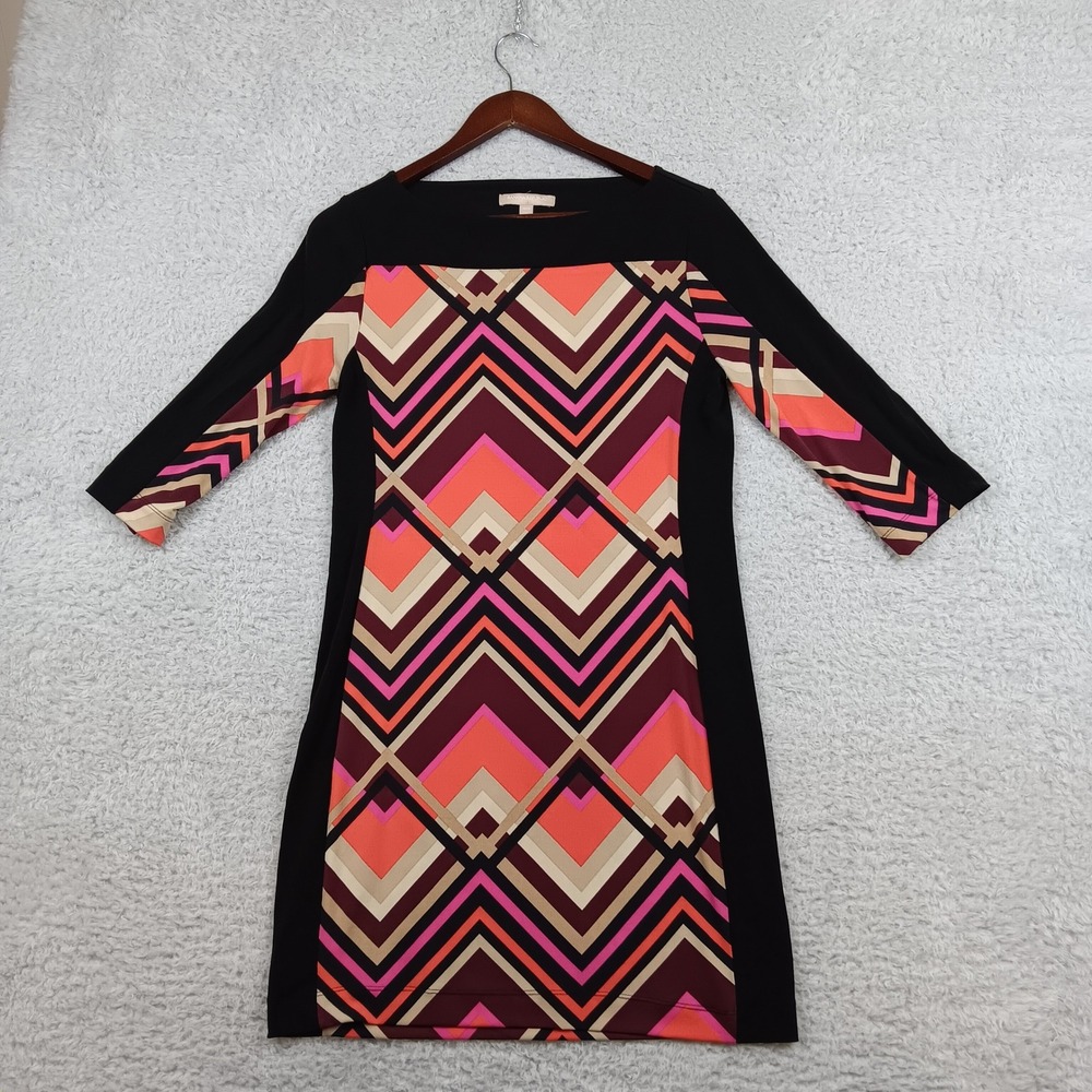 Banana Republic Dress Sheath Women S Petite Black Geometric Chevron 3/4 Sleeve